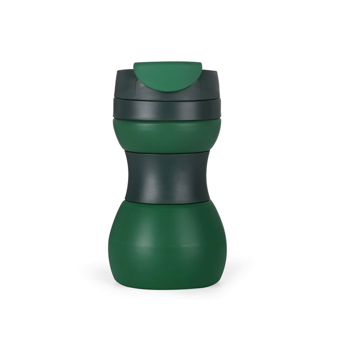 A green silicone coffee travel cup featuring a collapsible design and a lid. It has a logo on the side.