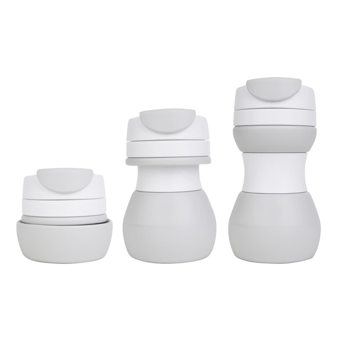 A drink bottle set featuring collapsible silicone coffee cups in grey, with a logo visible on the design.