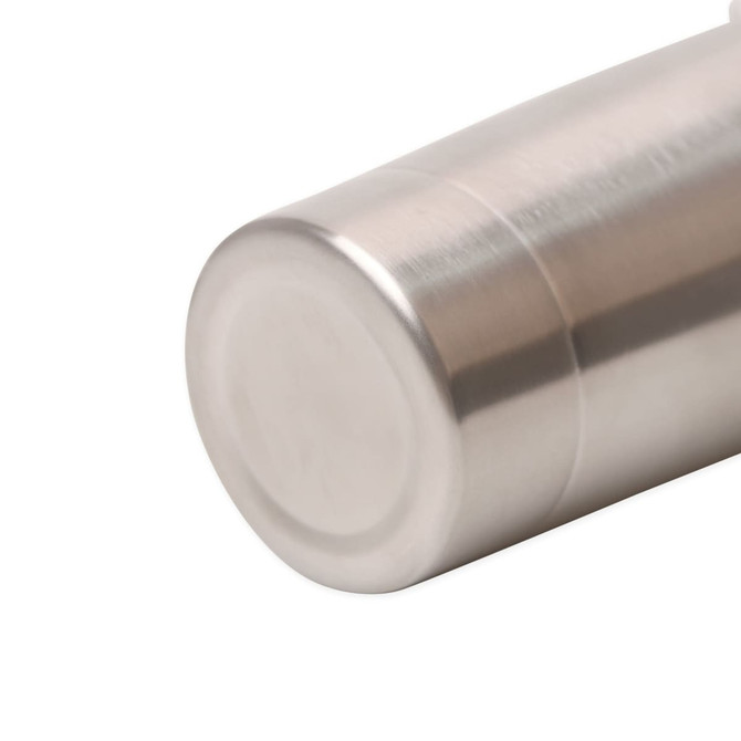 A drink bottle made from stainless steel, featuring a sleek metallic finish and a round base.