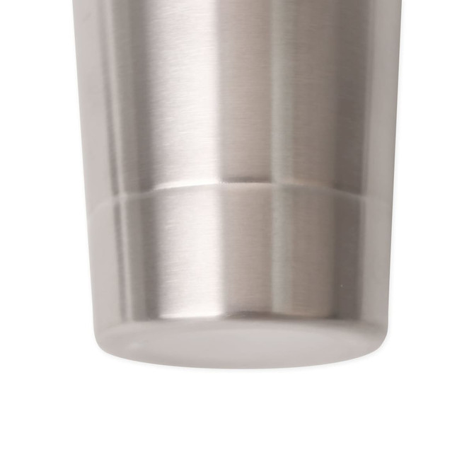A drink bottle featuring a sleek, stainless steel design with a smooth finish and a rounded base.