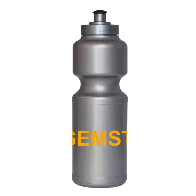 A drink bottle in metallic silver with a screw top and a logo in bold yellow.