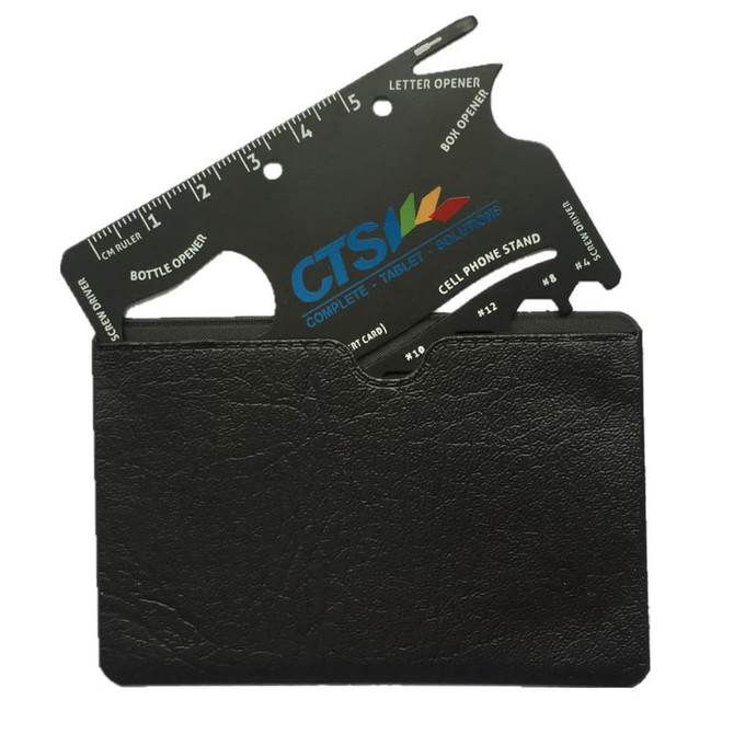 A card-sized multi-tool in black, featuring a ruler, bottle opener, and phone stand, displayed in a black holder.