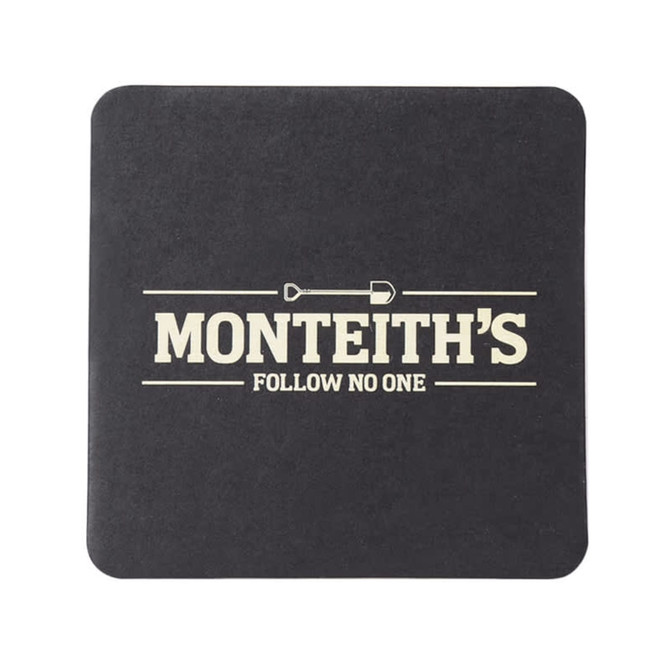 A square black cork coaster featuring a logo and text in a light colour.