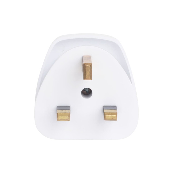 A white universal travel adapter featuring three gold prongs, designed for use from AU to UK.