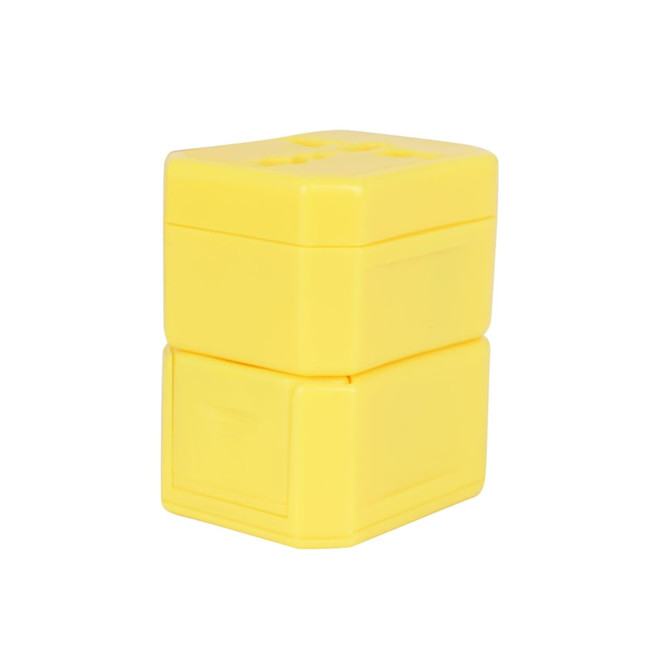 A yellow universal travel adapter kit featuring two stacked sections for different plug types.