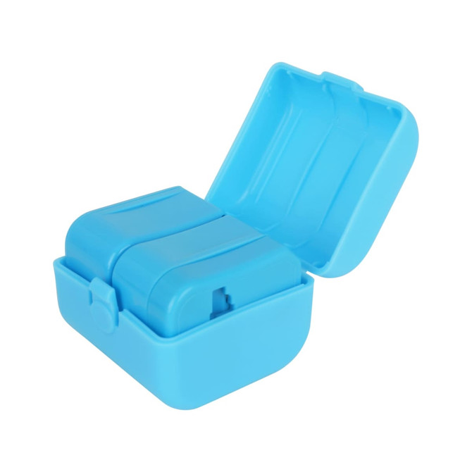 A blue travel adapter kit with a hinged lid, featuring multiple adapters inside for international use.