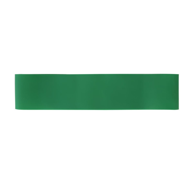A green latex fitness resistance band featuring a smooth texture, suitable for home workouts.
