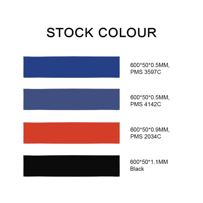 A selection of resistance bands in royal blue, navy blue, red, and black. Features a branding logo.