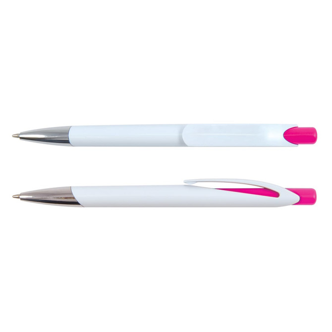 A set of two white plastic pens with pink accents and chrome tips, featuring a sleek design and a clip.