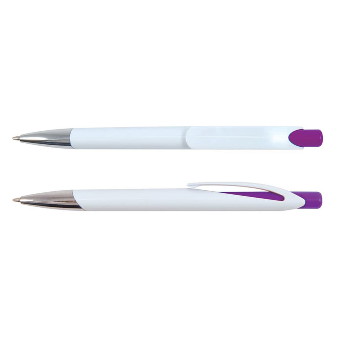 A plastic pen with a white body and purple accents, featuring a clip and a shiny silver tip.