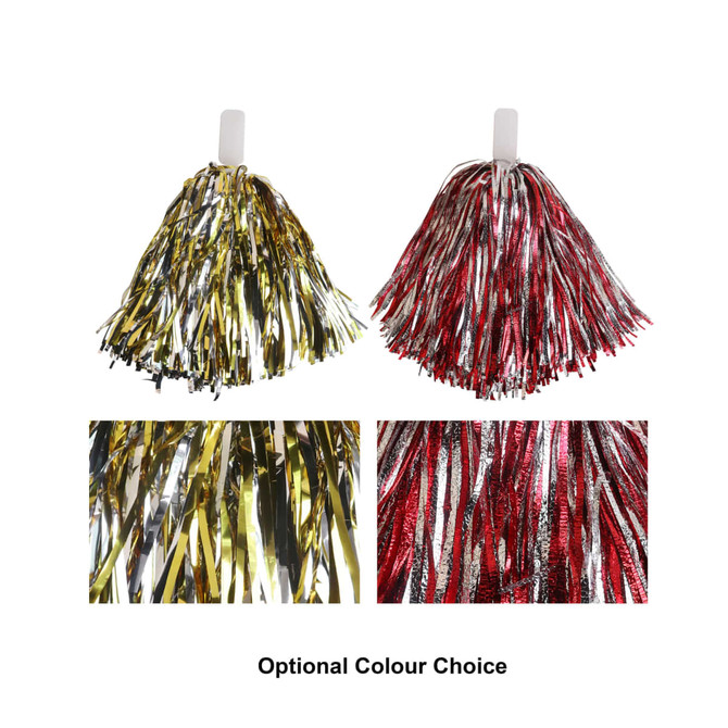 Cheerleading pom poms in gold and silver, and red and silver, with white handles. Features a logo.