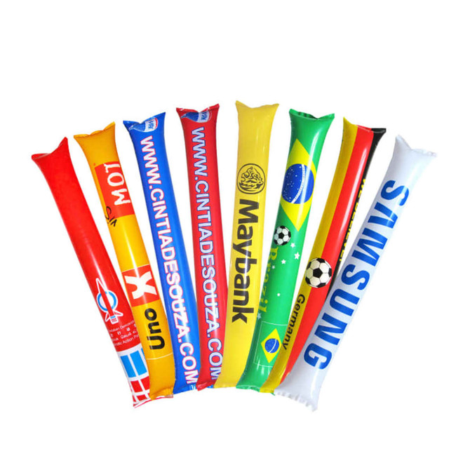 Inflatable Bang Bang Sticks in various colours including red, blue, yellow, and green, with logos on the sticks.