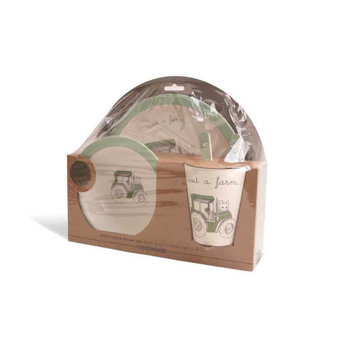 Bamboo fiber tableware set in green and white, featuring a tractor design. Includes plates, bowl, tumbler, and spoon.