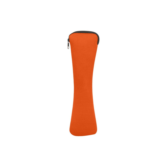 An orange zippered pouch designed for carrying travel utensils, featuring a sleek, streamlined shape.