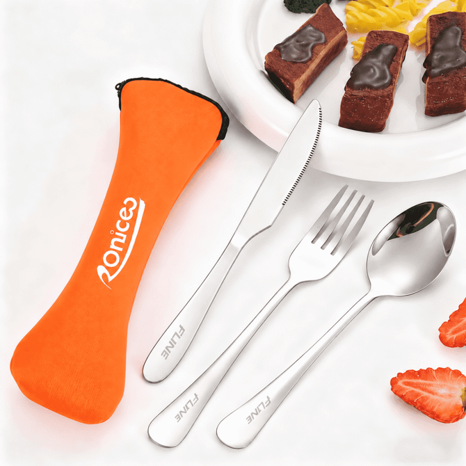 A set of stainless steel travel utensils in silver, including a knife, fork, soup spoon, and an orange pouch.