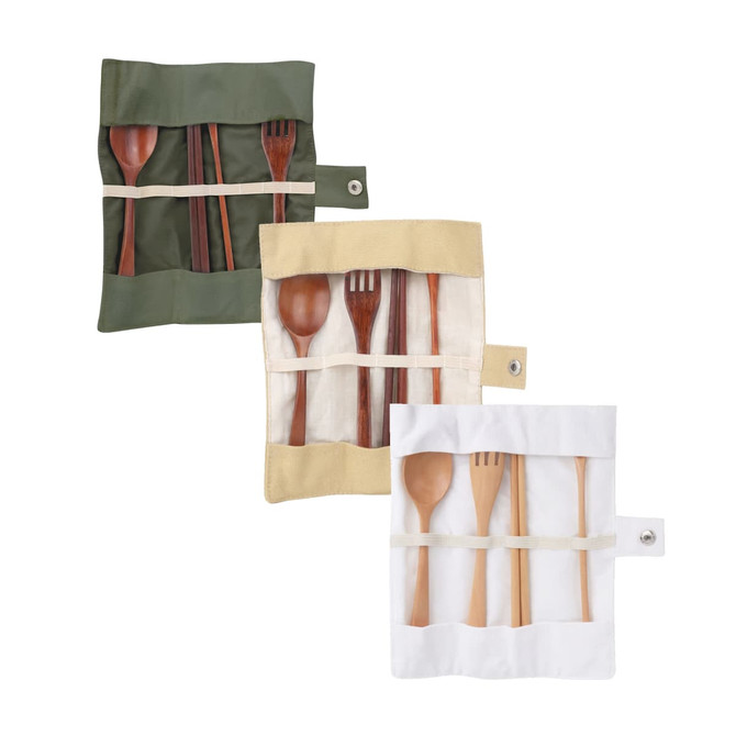 A set of four wooden utensils in green, beige, and white carrying cases with a button closure.