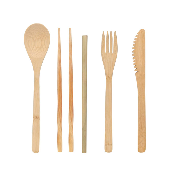 A bamboo cutlery set featuring a spoon, fork, knife, chopsticks, and a straw, all in natural bamboo colour.