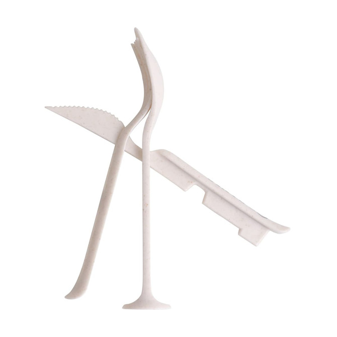 A set of white portable utensils including a knife, fork, and spoon, with a compact storage design.