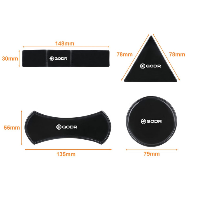 A set of black Sticky Nano Rubber Pads in various shapes: rectangular, triangular, curved, and circular, each with dimensions.