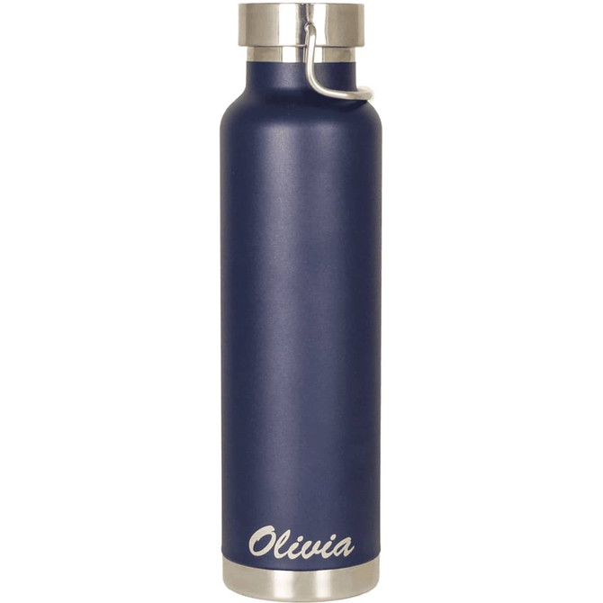A drink bottle in navy blue with a silver lid and a logo. It has a sleek, insulated design suitable for beverages.