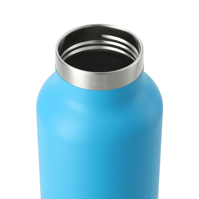 A drink bottle with a sleek blue exterior and a stainless steel rim, featuring a logo on the surface.