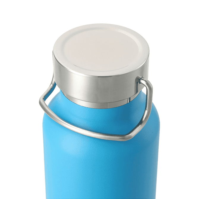A drink bottle in bright blue with a stainless steel lid and handle, part of the Thor Copper Vacuum Insulated range.