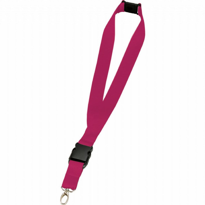 A pink lanyard featuring a plastic clasp and a metal clip at the end, ideal for holding ID cards or keys.