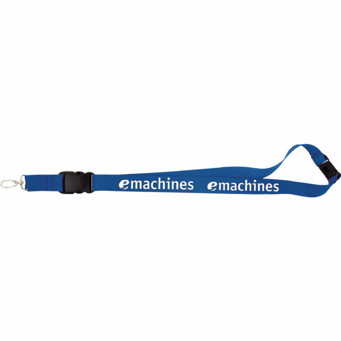 A blue lanyard with a clip and a buckle, featuring a logo along its length.