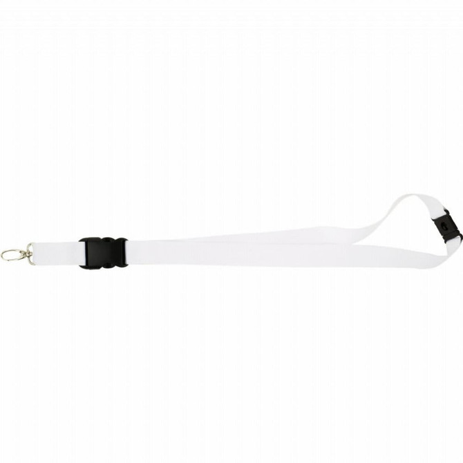 A white lanyard with a black clip and a metal attachment loop. Features a logo on one side.