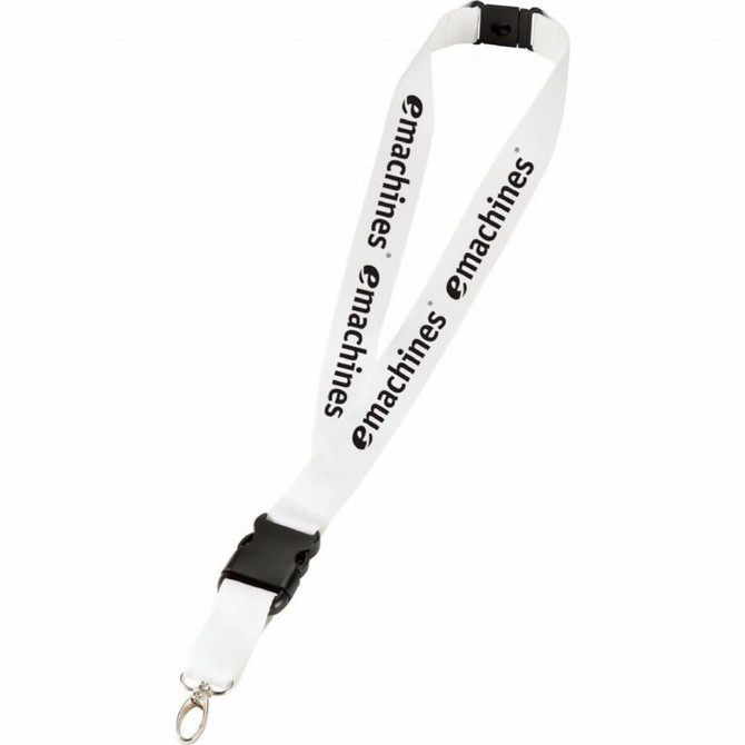 A white lanyard with a black logo, featuring a clip and a breakaway feature for safety.