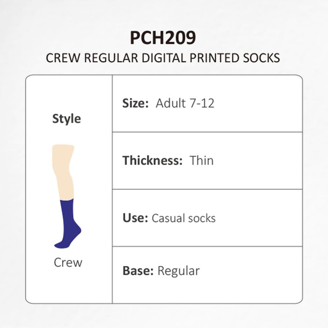 Crew Regular Digital Printed Socks in blue, suitable for adults sized 7-12, featuring a thin and regular design.