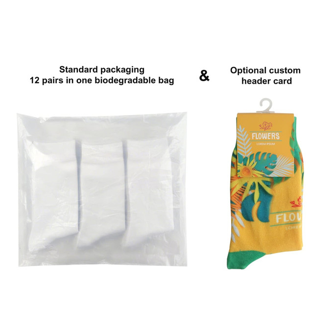 A biodegradable bag containing 12 pairs of brightly coloured socks with a floral design and a custom header card option.
