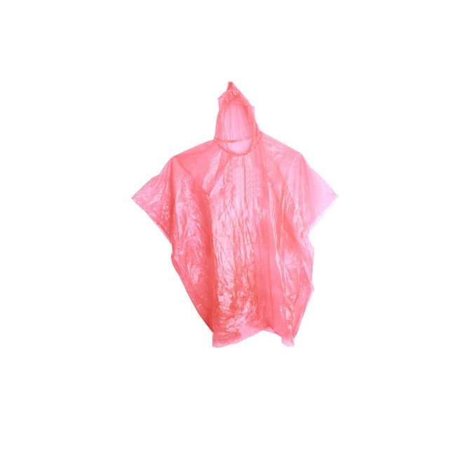 A pink poncho made of lightweight plastic, featuring a hood and open sides. It has a logo on it.