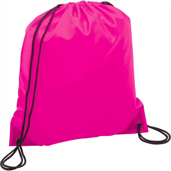 A pink drawstring sportspack with black cords and a simple design. It features a logo on the surface.