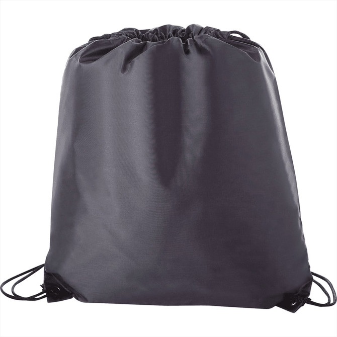 A black drawstring sportspack with a cinched top and shoulder straps, featuring a logo.