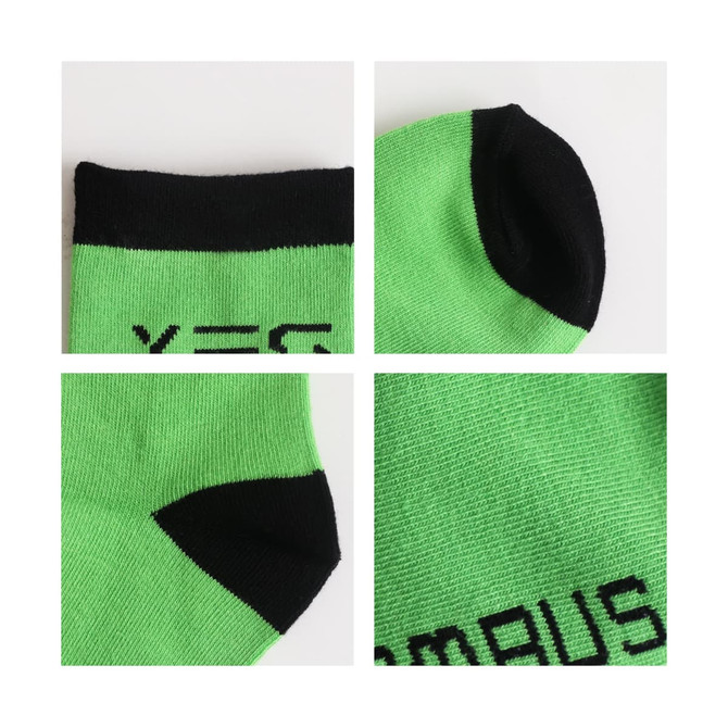 Custom pattern woven bamboo socks in vibrant green with black accents, featuring a logo. Suitable for casual wear.