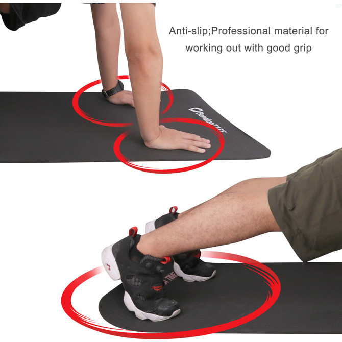 A black premium TPE yoga mat featuring an anti-slip surface, with a person's hand and foot positioned on it.