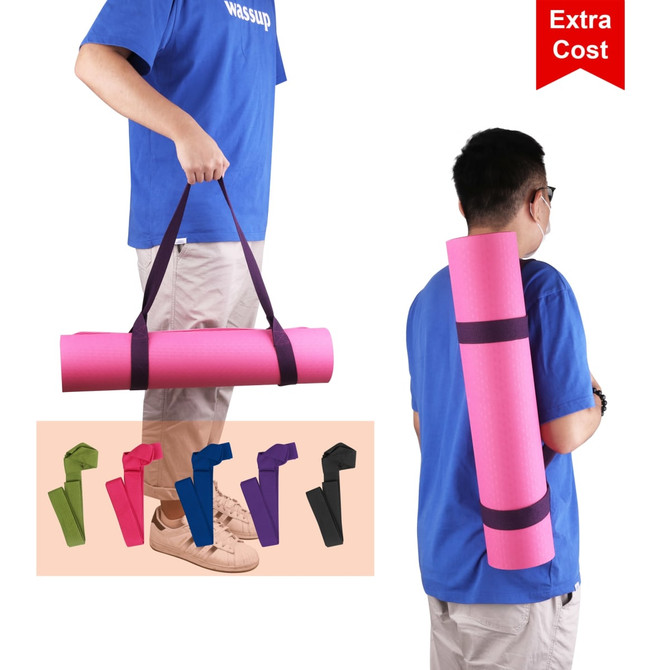 A person carries a pink TPE yoga mat with a strap. The mat is displayed alongside colour options: green, purple, black, and navy.