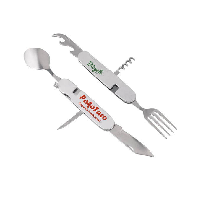 A stainless steel camping cutlery tool featuring a spoon, fork, knife, bottle opener, and corkscrew, with branding.