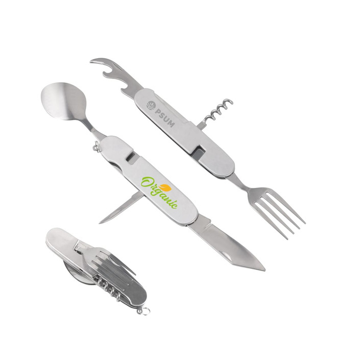 A multi-functional camping cutlery tool in stainless steel, featuring a spoon, fork, knife, and bottle opener.