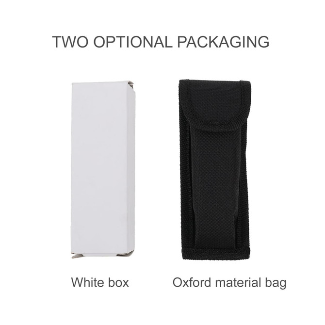 A packaging display featuring a white box and a black Oxford material bag for a camping cutlery tool.