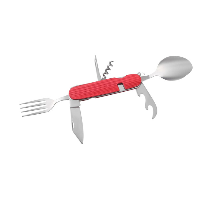 A red camping cutlery tool featuring a spoon, fork, knife, bottle opener, and other utensils. Includes a logo.