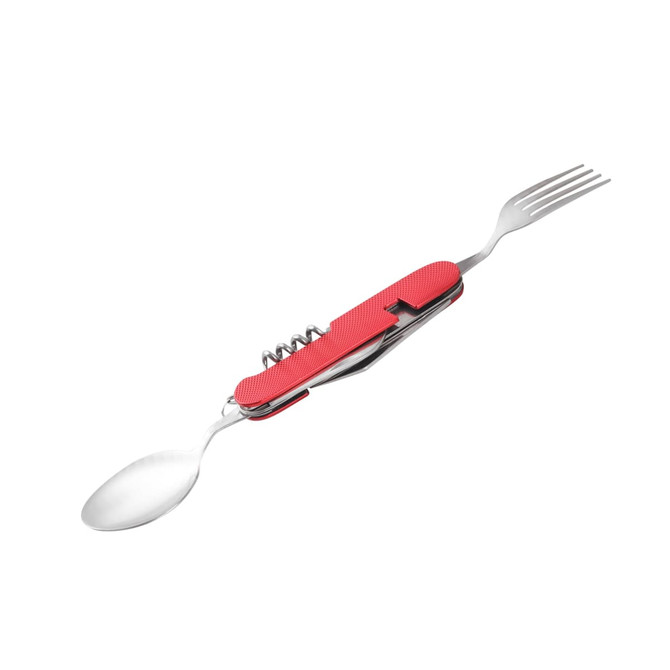 A red camping cutlery tool featuring a fork, spoon, and corkscrew in a compact design with a textured handle.