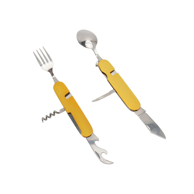 A multi-functional camping cutlery tool in yellow, featuring a fork, spoon, knife, corkscrew, and bottle opener.