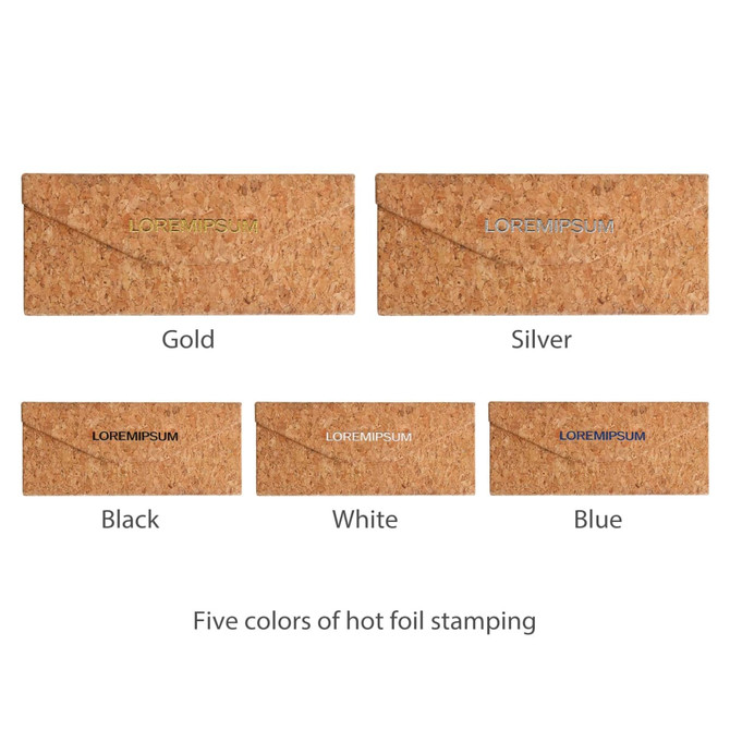 A foldable cork glasses case in natural cork with options for gold, silver, black, white, and blue hot foil stamping.