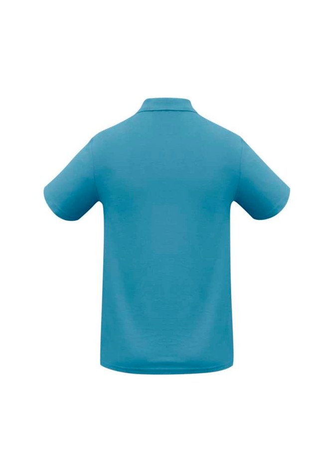 A blue men's polo shirt with a collar and short sleeves, featuring a logo.