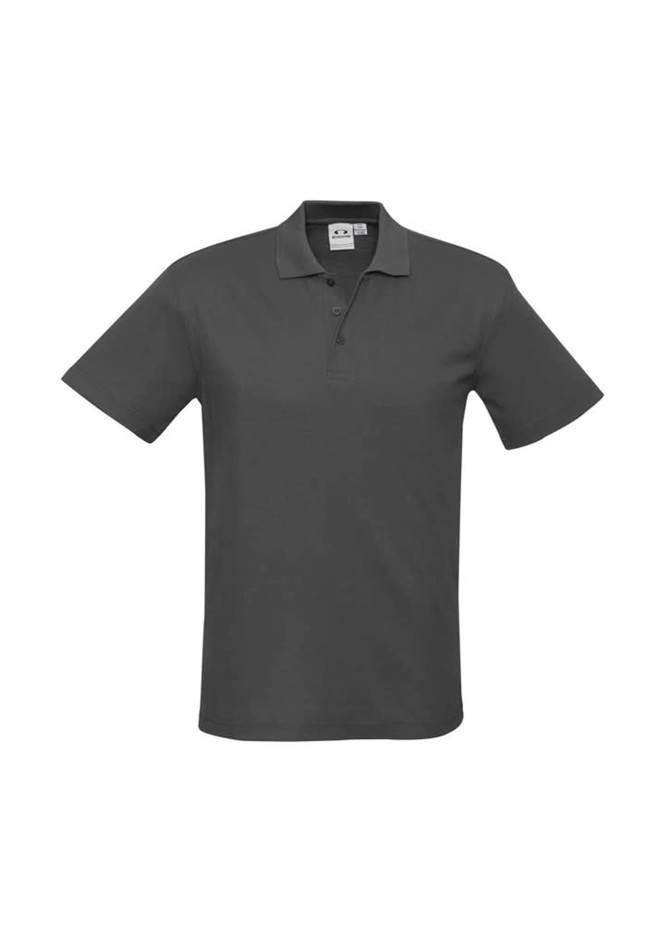 A dark grey polo shirt featuring a collar, short sleeves, and a logo on the chest.
