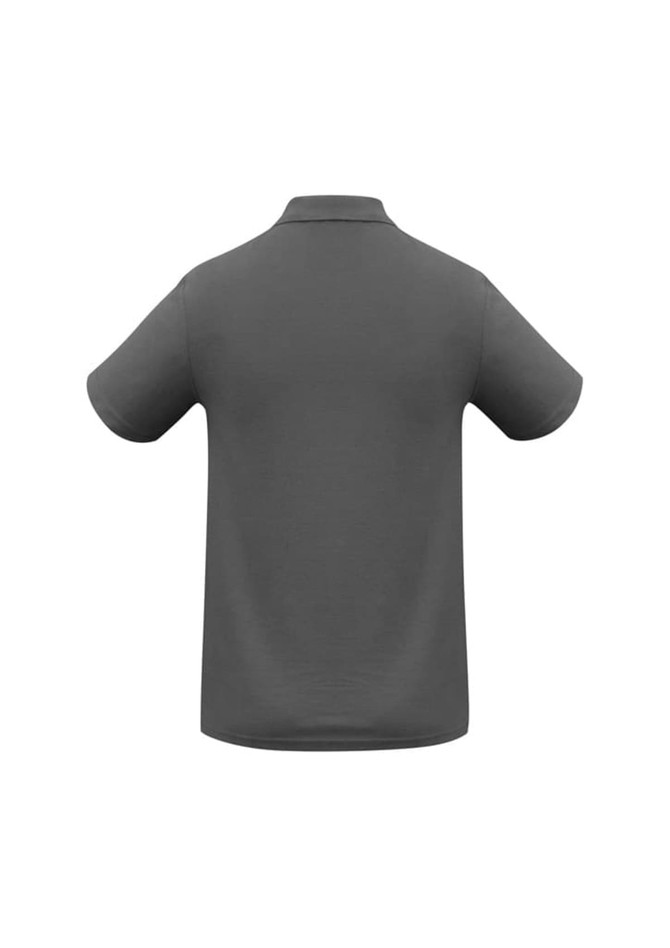 A grey men's polo shirt with a classic collar and short sleeves, featuring a logo.