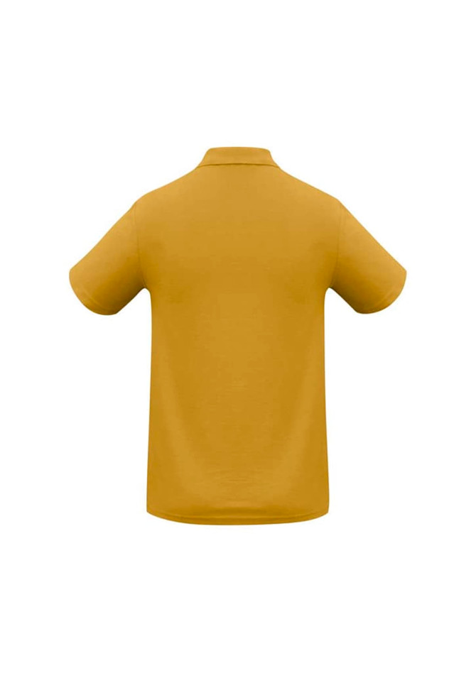 A yellow men's polo shirt featuring a simple design and a logo on the back.