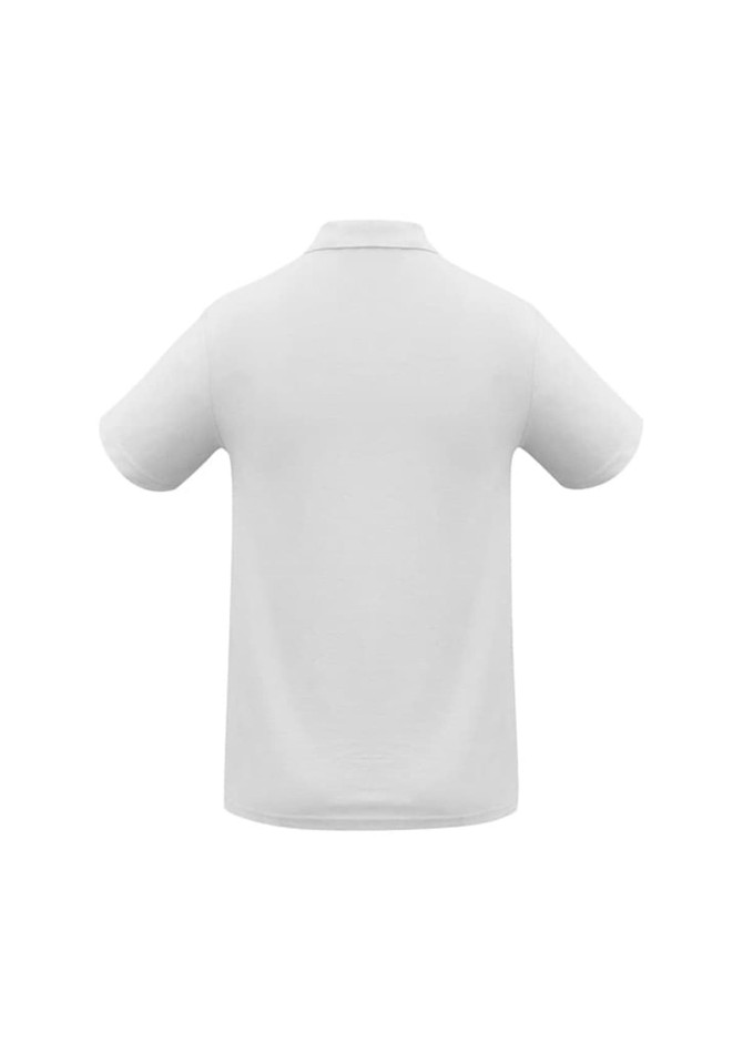 A plain white polo shirt featuring a collar and short sleeves. The back view shows a smooth, unembellished design.